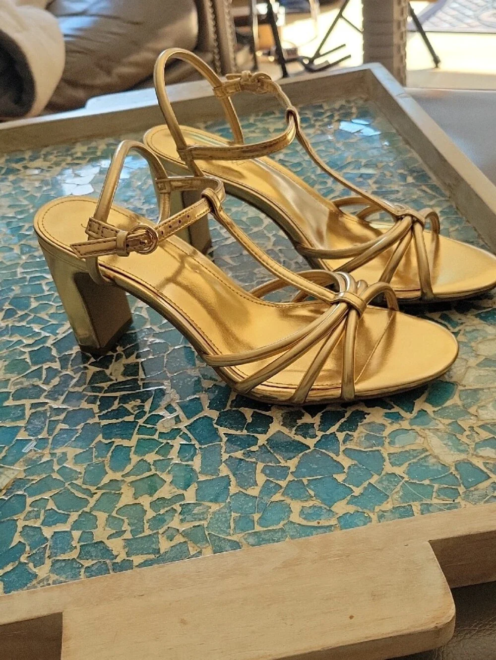 J. Crew Metallic Gold T-Strap Block Heel Sandals In Sunkissed Gold